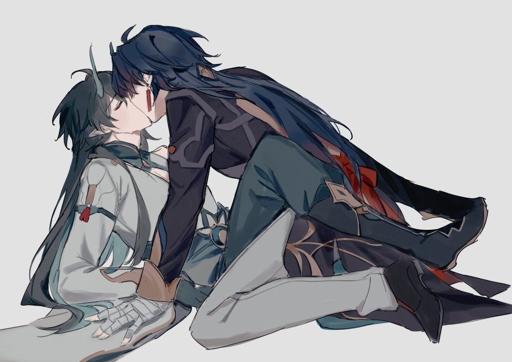 2boys, arms_at_sides, bandaged_hand, bandages, black_hair, blade_(honkai:_star_rail), blue_hair, cleavage_cutout, closed_eyes, clothing_cutout, dan_heng_(honkai:_star_rail), dan_heng_(imbibitor_lunae)_(honkai:_star_rail), earrings, elbow_rest, hair_ornament, honkai:_star_rail, honkai_(series), horns, jewelry, kiss, kneeling, knees_up, legs_up, long_hair, long_sleeves, lying, male_focus, multiple_boys, muya_(77muya), on_back, pants, pectoral_cleavage, pectorals, pointy_ears, simple_background, very_long_hair, white_background, yaoi