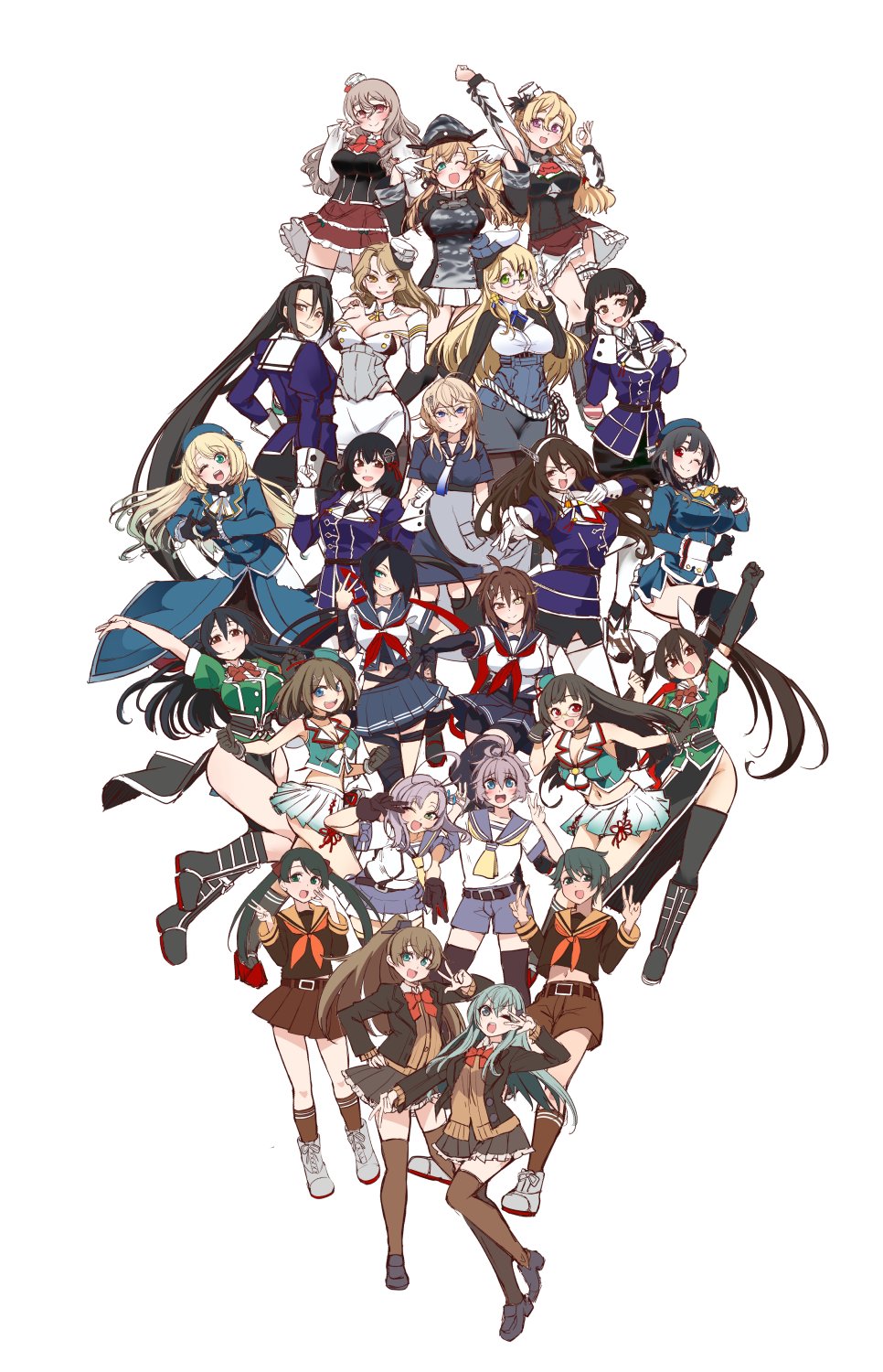 absurdly_long_hair, ahoge, alternate_legwear, anchor_hair_ornament, aoba_(kancolle), aqua_eyes, aqua_hair, ascot, ashigara_(kancolle), ashigara_kai_ni_(kancolle), atago_(kancolle), back-to-back, bare_shoulders, belt, beret, black_belt, black_footwear, black_gloves, black_hair, black_neckerchief, black_pantyhose, black_ribbon, black_sailor_collar, black_skirt, black_socks, black_thighhighs, blazer, blonde_hair, blue_eyes, blue_hair, blue_headwear, blue_jacket, blue_shirt, blue_skirt, blunt_bangs, bob_cut, bodice, boots, bow, bowtie, braid, braided_bun, breasts, brown_cardigan, brown_eyes, brown_hair, brown_jacket, brown_sailor_collar, brown_serafuku, brown_shirt, brown_skirt, brown_socks, brown_thighhighs, camouflage, cardigan, choukai_(kancolle), choukai_kai_ni_(kancolle), collared_shirt, commentary_request, crop_top, detached_collar, detached_sleeves, double_bun, double_v, elbow_gloves, french_braid, frilled_skirt, frills, full_body, furutaka_(kancolle), furutaka_kai_ni_(kancolle), garter_straps, gloves, glowing, glowing_eye, gradient_neckerchief, green_eyes, grey_eyes, grey_hair, grey_headwear, haguro_(kancolle), haguro_kai_ni_(kancolle), hair_bun, hair_ornament, hair_over_one_eye, hairband, hairclip, hat, height_difference, heterochromia, highres, holding_own_skirt, houston_(kancolle), houston_kai_(kancolle), jacket, kako_(kancolle), kako_kai_ni_(kancolle), kantai_collection, kinugasa_(kancolle), kinugasa_kai_ni_(kancolle), lace-up_boots, large_breasts, light_brown_hair, long_hair, looking_at_viewer, looking_back, maya_(kancolle), maya_kai_ni_(kancolle), medium_breasts, medium_hair, messy_hair, mikuma_(kancolle), mikuma_kai_ni_(kancolle), military_uniform, mini_hat, miniskirt, mogami_(kancolle), mogami_kai_ni_(kancolle), multicolored_neckerchief, multiple_girls, myoukou_(kancolle), myoukou_kai_ni_(kancolle), nachi_(kancolle), nachi_kai_ni_(kancolle), naval_uniform, neckerchief, northampton_(kancolle), northampton_kai_(kancolle), one_eye_closed, open_mouth, orange_bow, orange_bowtie, orange_neckerchief, orange_sailor_collar, overskirt, pantyhose, parted_bangs, peaked_cap, pencil_skirt, pleated_skirt, pola_(kancolle), ponytail, prinz_eugen_(kancolle), prinz_eugen_kai_(kancolle), purple_hair, purple_jacket, purple_sailor_collar, purple_shorts, purple_skirt, red_ascot, red_bow, red_bowtie, red_eyes, red_footwear, red_neckerchief, red_skirt, revision, ribbon, rope, round_teeth, rudder_footwear, sailor_collar, sailor_shirt, school_uniform, semi-rimless_eyewear, serafuku, shirt, short_hair, shorts, side_ponytail, simple_background, single_elbow_glove, single_hair_bun, single_thighhigh, skirt, smile, socks, standing, suzuya_(kancolle), takao_(kancolle), teeth, thigh_gap, thighhighs, tomboy, tuscaloosa_(kancolle), twintails, two-tone_gloves, udukikosuke, upper_teeth_only, v, v_over_eye, very_long_hair, wavy_hair, white_ascot, white_background, white_gloves, white_hairband, white_headwear, white_pantyhose, white_sailor_collar, white_shirt, white_skirt, white_thighhighs, yellow_eyes, yellow_neckerchief, zara_(kancolle), zara_due_(kancolle)