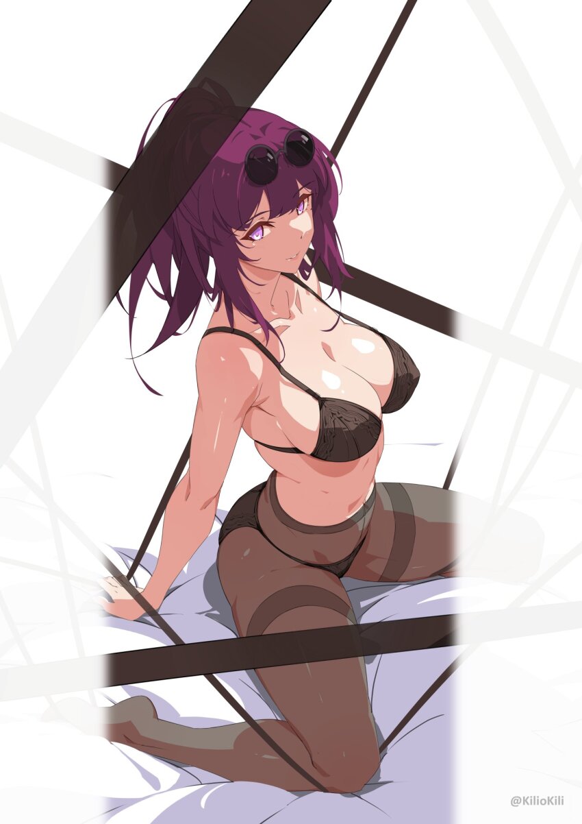 1girl, bare_arms, bare_shoulders, black_bra, black_panties, bra, breasts, commentary_request