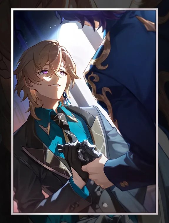 2boys, aventurine_(final_victor)_(honkai:_star_rail), aventurine_(honkai:_star_rail), black_gloves, black_jacket, blonde_hair, blue_jacket, blue_shirt