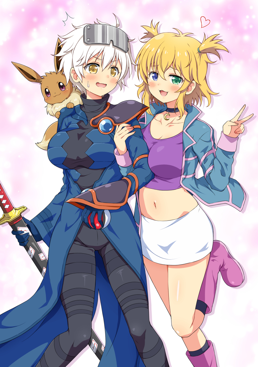 2girls, :3, absurdres, ahoge, black_bodysuit, black_socks, blonde_hair, blue_coat