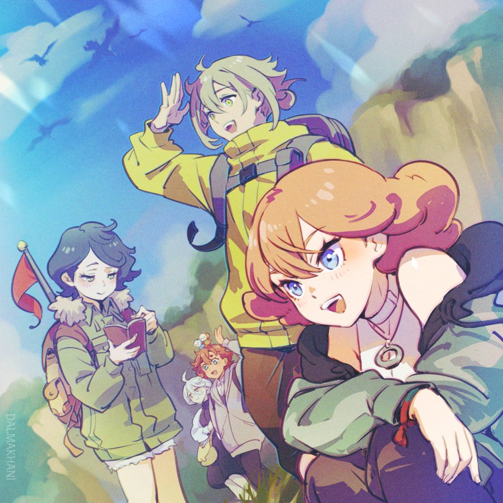 1boy, 4girls, ahoge, alternate_universe, arm_up, artist_name, backpack, bag