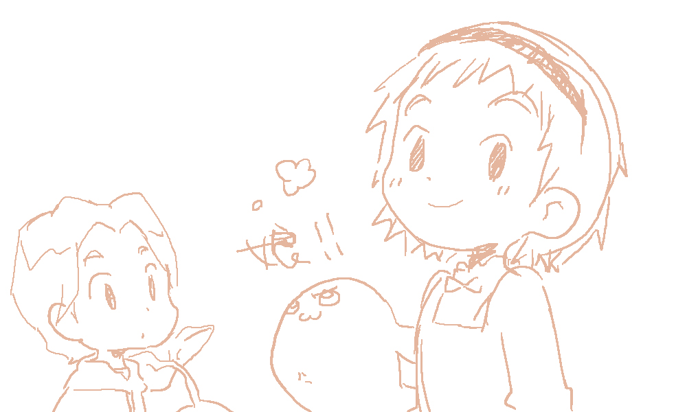 1boy, 1girl, blush, digimon, digimon_(creature), izumi_koshiro's_daughter, leaf, looking_at_viewer