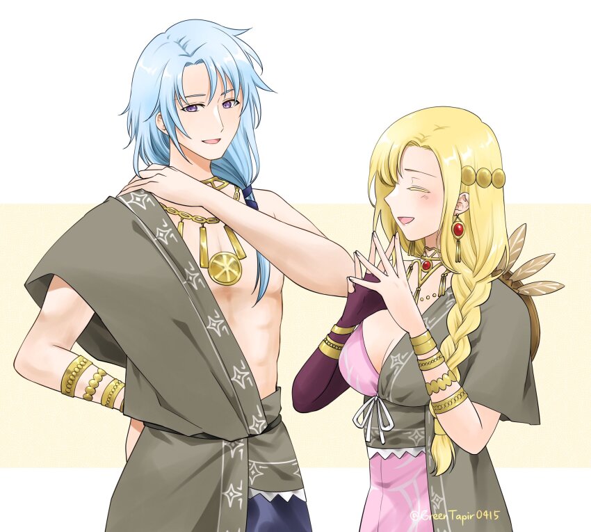 1boy, 1girl, :d, alternate_costume, blonde_hair, bracelet, braid, breasts