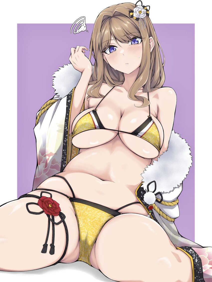 1girl, bikini, breasts, brown_hair, cleavage, closed_mouth, dolphin_wave, flower