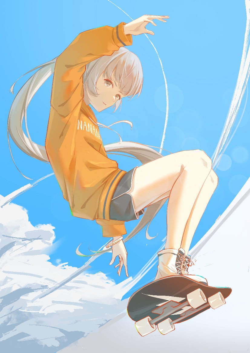 1girl, alternate_costume, black_shorts, blue_sky, character_name, cloud, grey_eyes, grey_hair