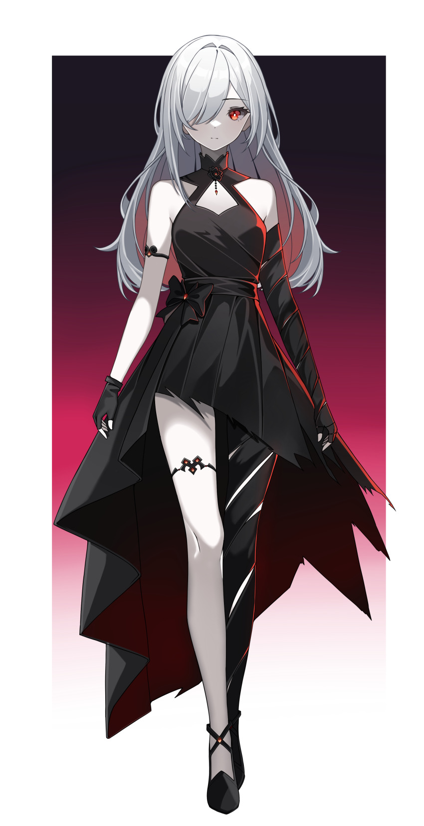 1girl, absurdres, armlet, asymmetrical_legwear, bandages, bare_shoulders, black_dress, bow