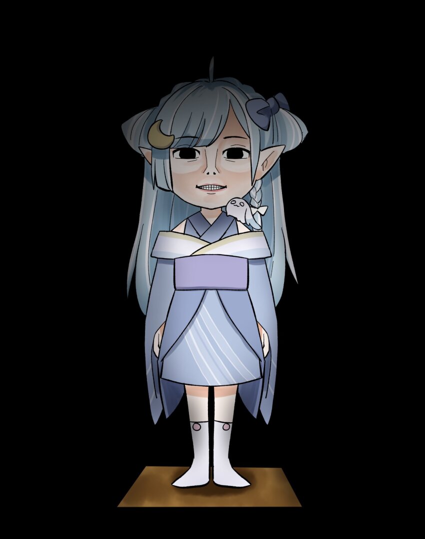 1girl, amaui, animal, animal_on_shoulder, black_background, black_eyes, blue_bow, blue_hair