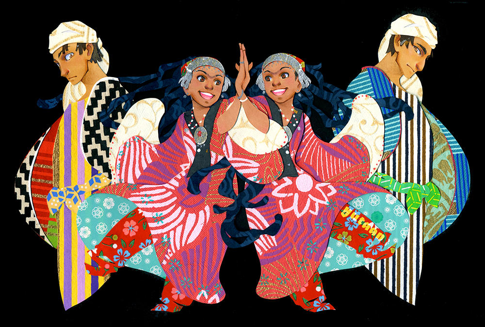 2boys, 2girls, bandana, black_background, black_hair, bracelet, brown_eyes, coin