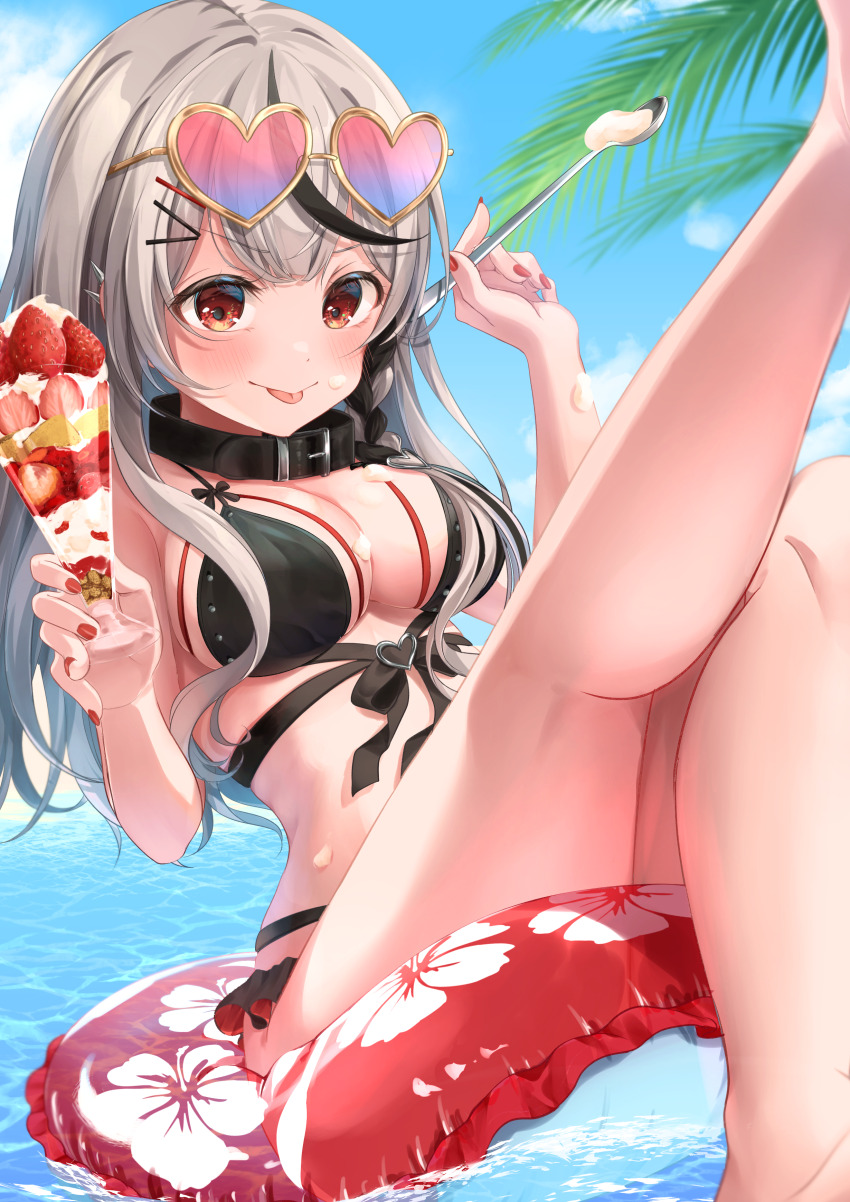 1girl, :p, absurdres, alternate_costume, beach, bikini, black_bikini, black_collar