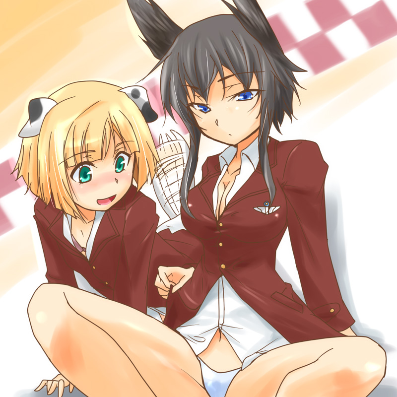 2girls, animal_ears, black_hair, blonde_hair, blue_eyes, blush, bra, breasts