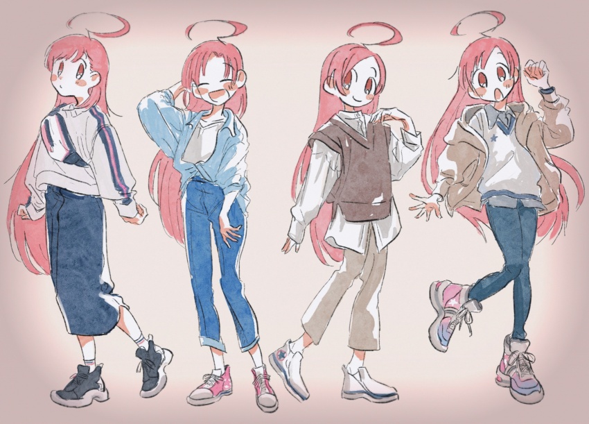 1girl, :o, ahoge, alternate_costume, arm_behind_head, bag, blue_shirt, blush_stickers