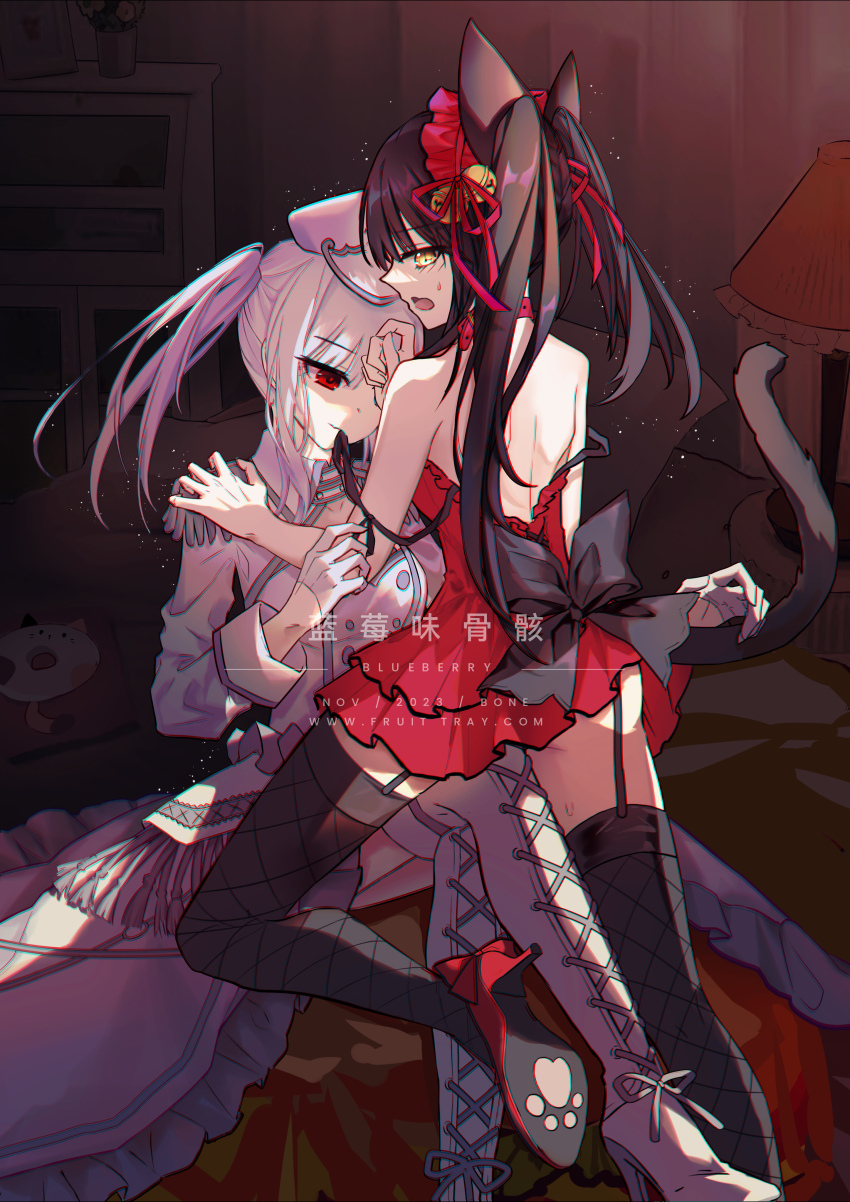 2girls, absurdres, animal_ears, bare_shoulders, black_hair, cat_ears, cat_tail, cross-laced_footwear