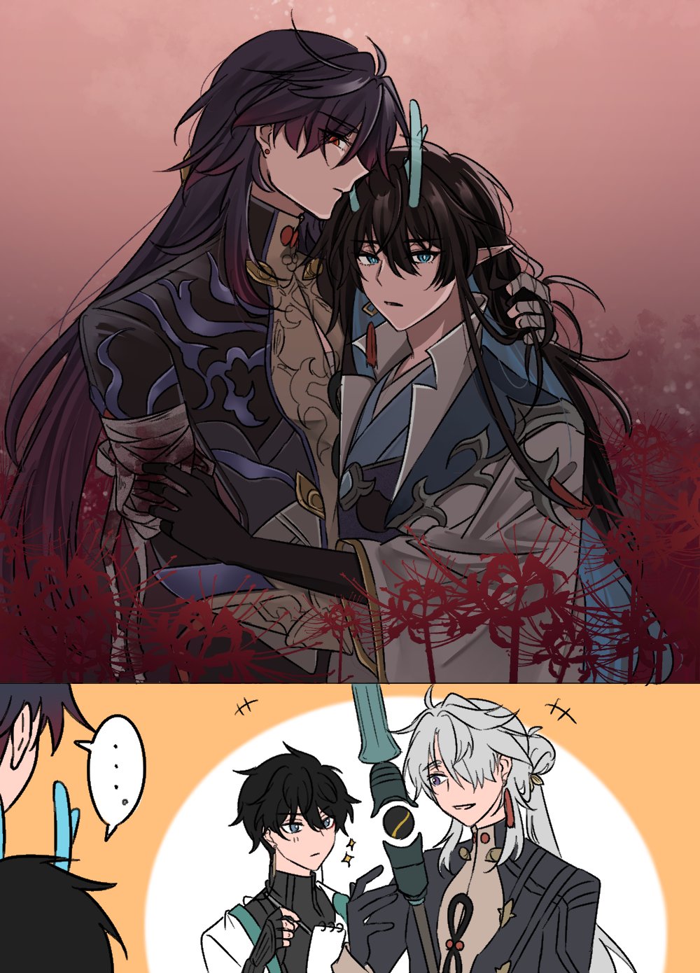 +++, ..., 4boys, aqua_eyes, aqua_horns, bandaged_arm, bandages, bandages_over_clothes, black_hair, blade_(honkai:_star_rail), blood, chinese_clothes, collar, commentary_request, dan_feng_(honkai:_star_rail), dan_heng_(honkai:_star_rail), dan_heng_(imbibitor_lunae)_(honkai:_star_rail), dual_persona, earrings, flower, gloves, gradient_hair, grey_hair, hair_bun, hair_over_one_eye, hand_in_another's_hair, hand_on_another's_arm, hand_on_wound, hanfu, highres, holding, holding_notepad, holding_pen, holding_polearm, holding_weapon, honkai:_star_rail, honkai_(series), horns, hug, jewelry, long_hair, long_sleeves, looking_at_another, male_focus, mororo1357, multicolored_hair, multiple_boys, notepad, one_eye_covered, parted_lips, pen, pink_background, pointy_ears, polearm, ponytail, possessive, profile, red_eyes, red_flower, short_hair, sidelocks, smile, sparkle, spider_lily, spoken_ellipsis, stud_earrings, taking_notes, upper_body, very_long_hair, weapon, yaoi, yingxing_(honkai:_star_rail)