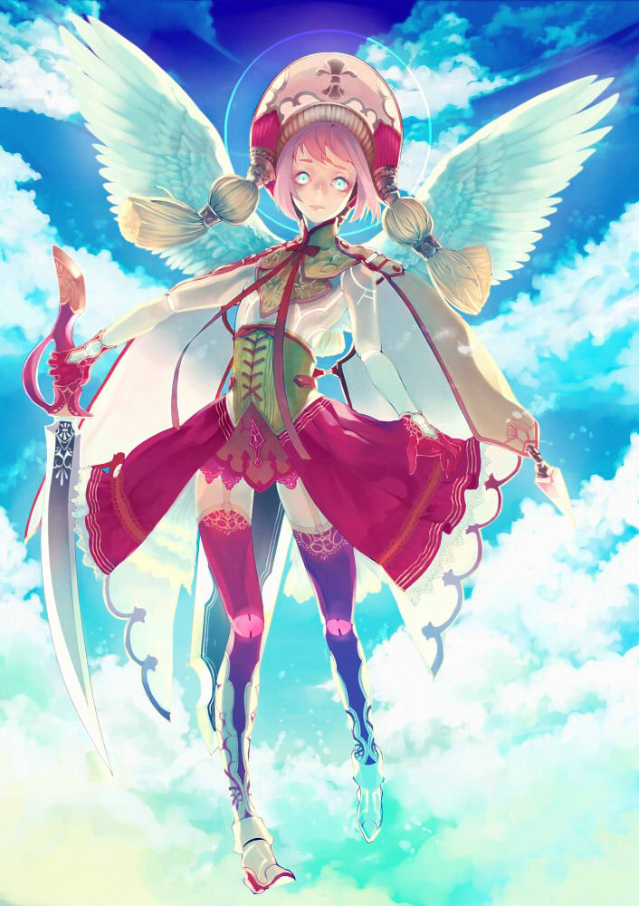 1girl, android, angel, angel_wings, blue_eyes, blue_sky, boots, cape