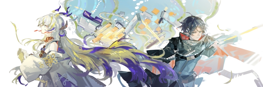 1boy, 1girl, absurdres, arknights, black_hair, black_jacket, blue_eyes, chinese_commentary