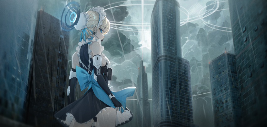 1girl, apron, ass, bare_shoulders, black_gloves, black_panties, blonde_hair, blue_archive, blue_bow, blue_eyes, blue_halo, blue_ribbon, bow, braid, breasts, building, bun_cover, city, cloud, dress, earpiece, energy_beam, fingerless_gloves, frilled_apron, frills, from_behind, gloves, greeen_891, grey_sky, hair_bun, hair_ribbon, half_up_braid, halo, highres, looking_at_viewer, looking_back, maid, maid_apron, maid_headdress, medium_breasts, panties, petticoat, pouch, rain, ribbon, ring_of_light_(blue_archive), short_dress, sideboob, sky, skyscraper, sleeveless, sleeveless_dress, solo, toki_(blue_archive), underwear, white_apron