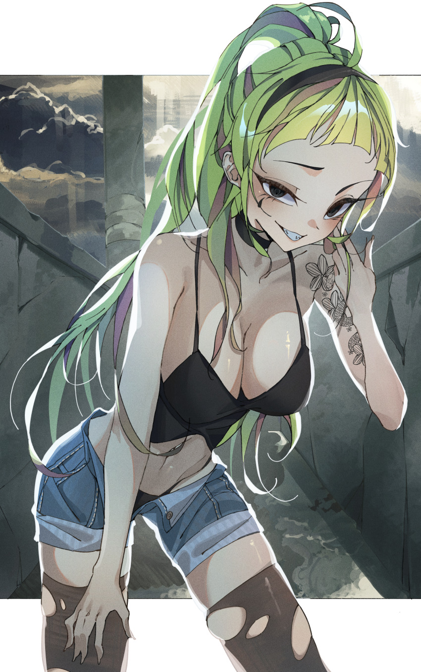 1girl, absurdres, bare_shoulders, black_camisole, black_choker, black_eyes, black_hairband, black_panties, blue_shorts, breasts, brown_thighhighs, camisole, choker, cloud, crop_top, cut_bangs, greeen_891, green_hair, grin, hairband, hand_on_own_thigh, highres, large_breasts, leaning_forward, long_hair, looking_at_viewer, midriff, multicolored_hair, navel, open_clothes, open_shorts, original, panties, pink_hair, ponytail, purple_hair, rain, sharp_teeth, shorts, skindentation, smile, solo, streaked_hair, tattoo, teardrop_tattoo, teeth, thighhighs, torn_clothes, torn_thighhighs, underwear, very_long_hair