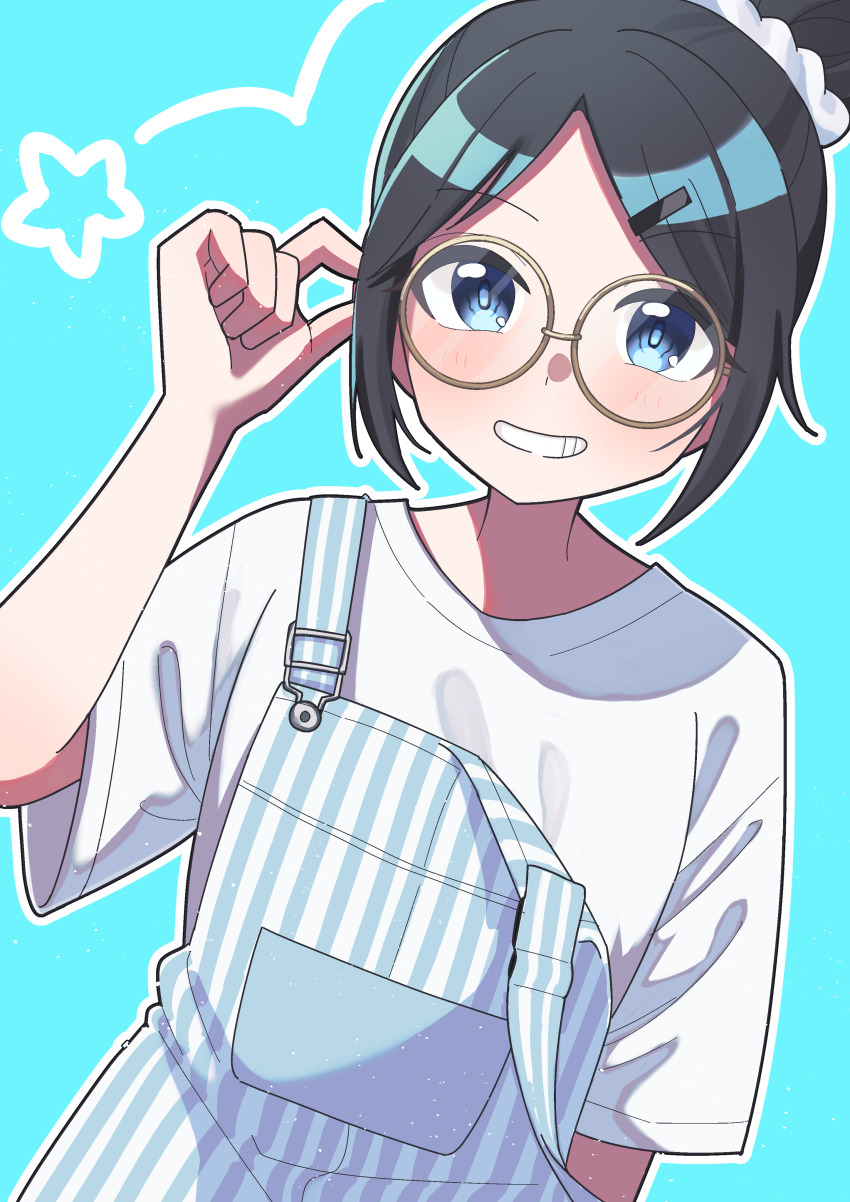 1girl, absurdres, adjusting_eyewear, black_hair, blue_background, blue_eyes, brown-framed_eyewear, furuima