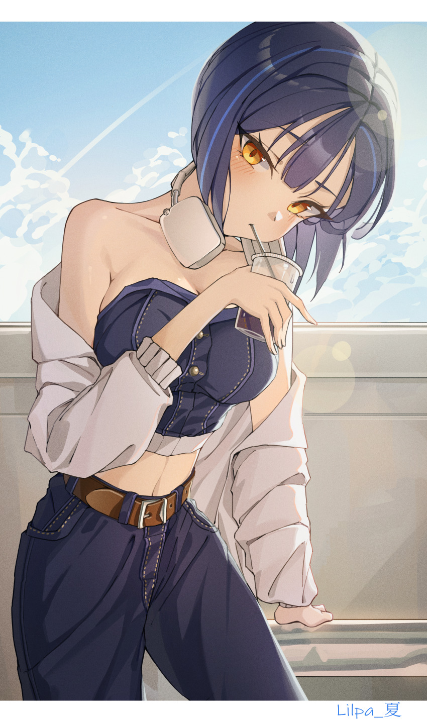 1girl, absurdres, bare_shoulders, belt, blue_hair, blue_pants, blue_shirt, blue_sky
