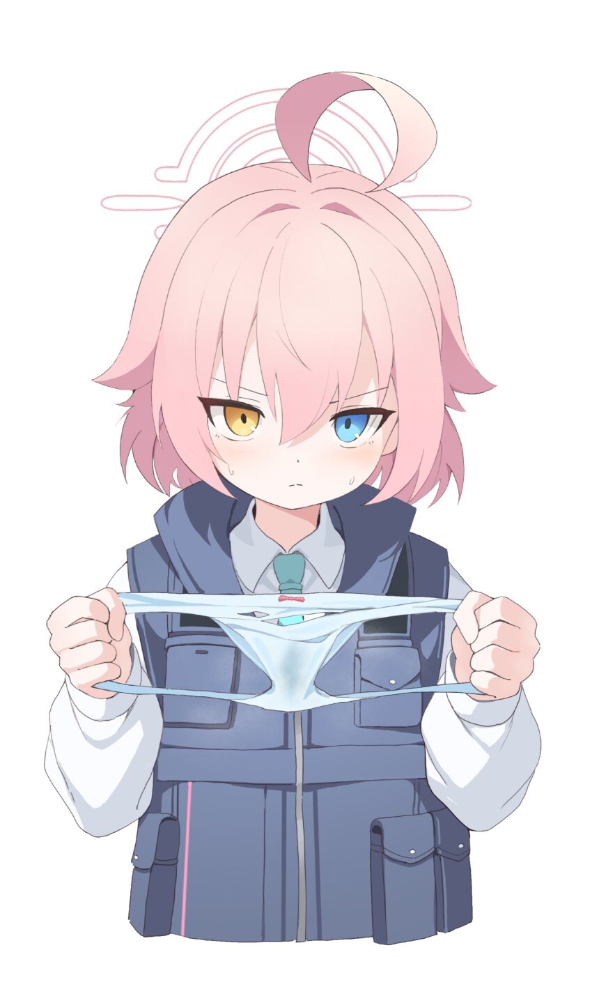 absurdres, ahoge, blue_archive, blue_eyes, blue_necktie, blue_vest, blush, bulletproof_vest, collared_shirt, commentary, foreclosure_task_force_(blue_archive), halo, heterochromia, highres, holding, holding_panties, holding_underwear, holding_unworn_clothes, hoshino_(blue_archive), hoshino_(first_year)_(blue_archive), hoshino_(young)_(blue_archive), huge_ahoge, looking_at_viewer, necktie, panties, pink_hair, pink_halo, quel_(quel1111), shirt, stained_panties, sweat, untranslatable_commentary, underwear, utility_vest, vest, yellow_eyes