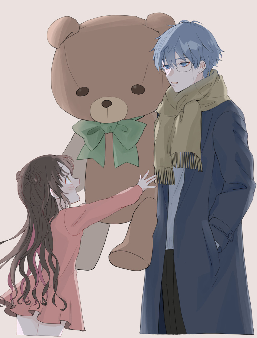 1boy, 1girl, arm_up, black_hair, black_pants, blue_coat, blue_eyes, blue_hair