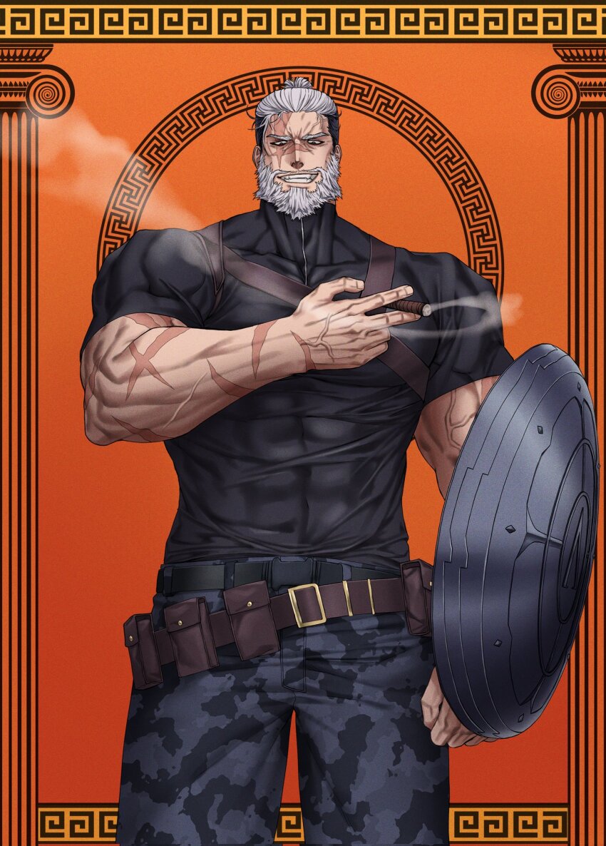 1boy, abs, beard, belt, biceps, black_hair, camouflage, camouflage_pants, cigarette, compression_shirt, dobek_k, facial_hair, feet_out_of_frame, highres, holding, holding_cigarette, leather_belt, leonidas_(shuumatsu_no_valkyrie), looking_at_viewer, male_focus, manly, mature_male, multicolored_hair, muscular, muscular_arms, muscular_male, orange_background, pants, pectorals, scar, shield, short_hair, shuumatsu_no_valkyrie, smirk, smoke, solo, spiked_hair, teeth, thick_eyebrows, tight_clothes, veins, white_hair