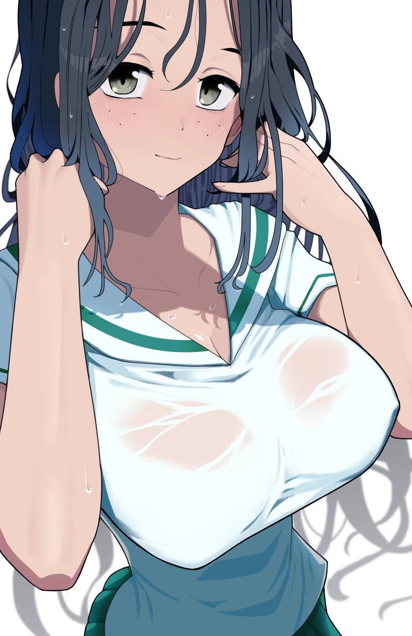 1girl, absurdres, alternate_hairstyle, blouse, breasts, closed_mouth, commentary, freckles