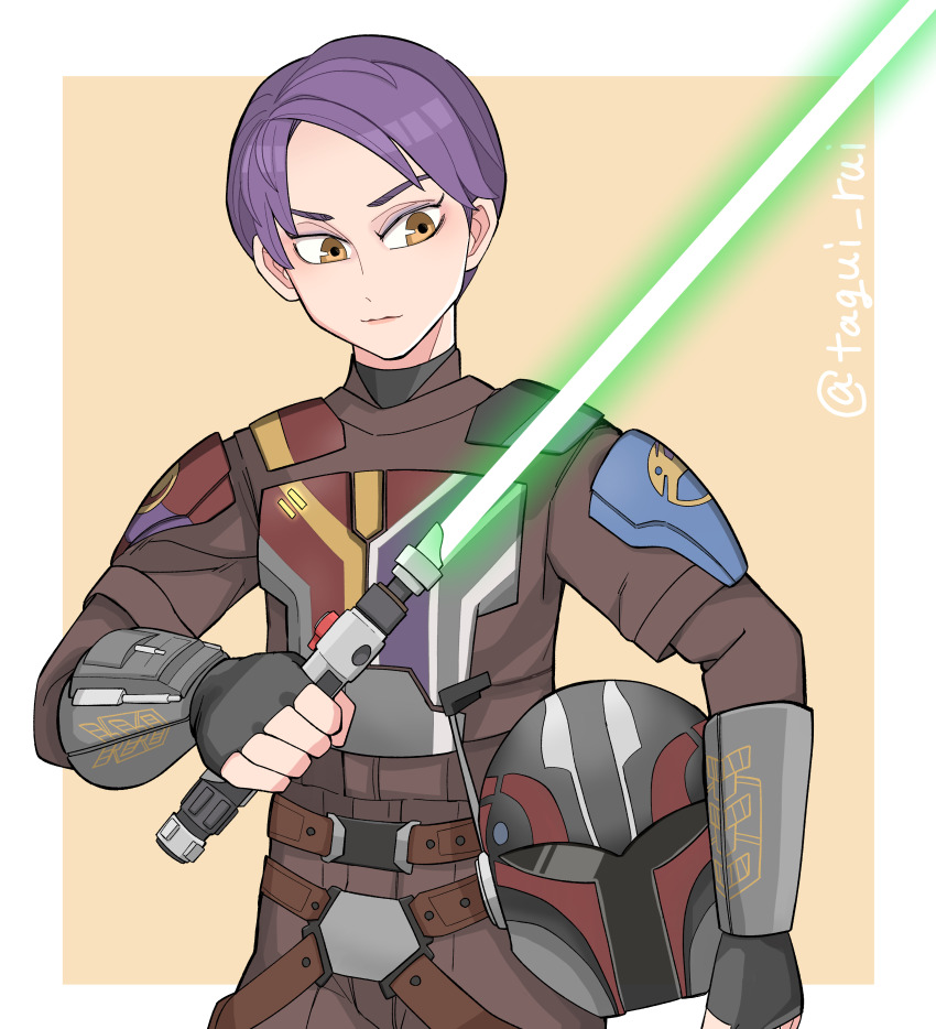 1girl, absurdres, animification, armor, belt, body_armor, brown_eyes, commentary_request, energy_sword, fingerless_gloves, gloves, helmet, highres, lightsaber, looking_down, looking_to_the_side, mandalorian, purple_hair, sabine_wren, science_fiction, serious, short_hair, signature, spoilers, star_wars, star_wars:_ahsoka, star_wars_rebels, sword, unworn_headwear, unworn_helmet, upper_body, user_rhkk8755, vest, weapon