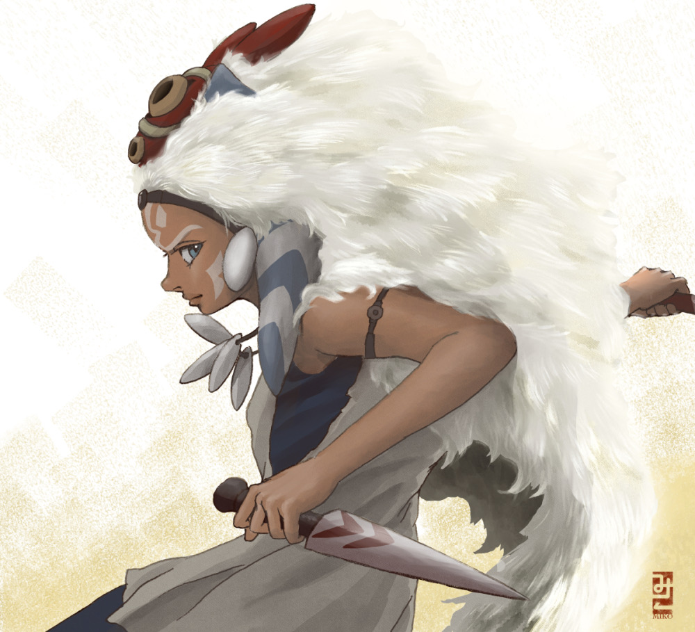 1girl, ahsoka_tano, alien, animification, blue_eyes, commentary_request, crossover, dagger, fantasy, fusion, knife, looking_at_viewer, looking_to_the_side, mask, miko_(27044850), mononoke_hime, pelt, san_(mononoke_hime), science_fiction, serious, signature, star_wars, star_wars:_ahsoka, togruta, tribal, upper_body, weapon