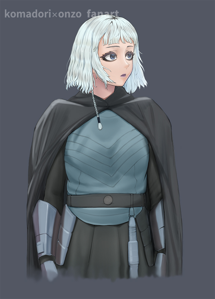 animification, armor, blue_eyes, braid, cape, commentary_request, darksider_(star_wars), energy_sword, english_text, gloves, komadori_onzou, lightsaber, looking_to_the_side, science_fiction, shin_hati, signature, star_wars, star_wars:_ahsoka, sword, upper_body, vest, weapon, white_hair