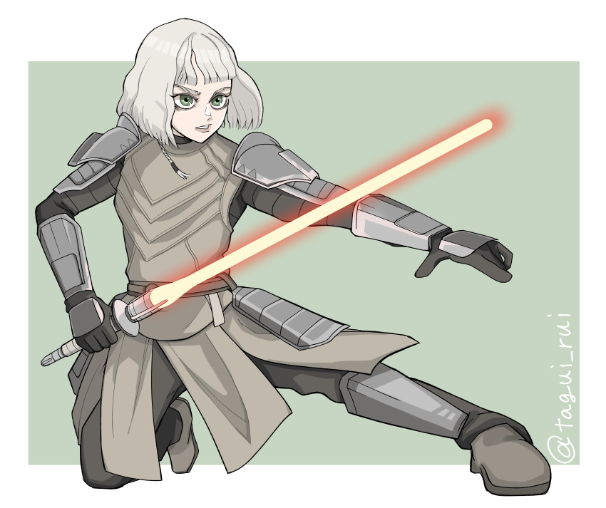 1girl, absurdres, animification, armor, battle, belt, blue_eyes, boots, commentary_request, darksider_(star_wars), duel, energy_sword, fighting_stance, gloves, green_eyes, highres, lightsaber, looking_to_the_side, orange_lightsaber, science_fiction, serious, shin_hati, signature, spoilers, star_wars, star_wars:_ahsoka, sword, user_rhkk8755, weapon, white_hair
