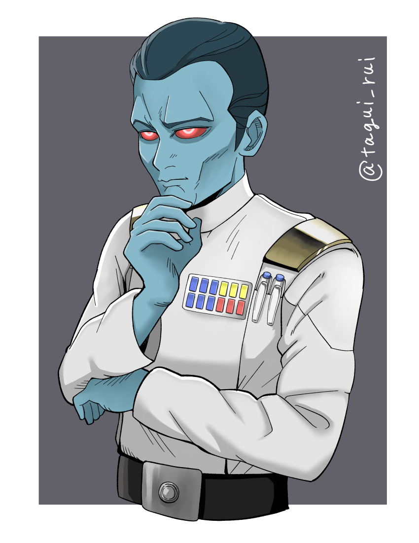 1boy, absurdres, alien, animification, belt, blue_hair, blue_skin, colored_skin, commentary_request, galactic_empire_(star_wars), grand_admiral_thrawn, grey_background, hand_on_own_chin, highres, king, military_uniform, red_eyes, science_fiction, signature, spoilers, star_wars, star_wars:_ahsoka, star_wars_rebels, upper_body, user_rhkk8755