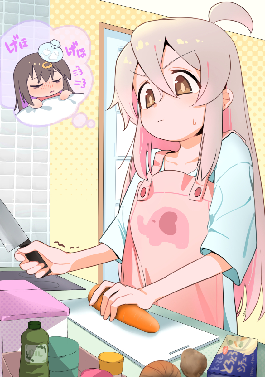 2girls, absurdres, ahoge, apron, brown_eyes, carrot, collarbone, commentary