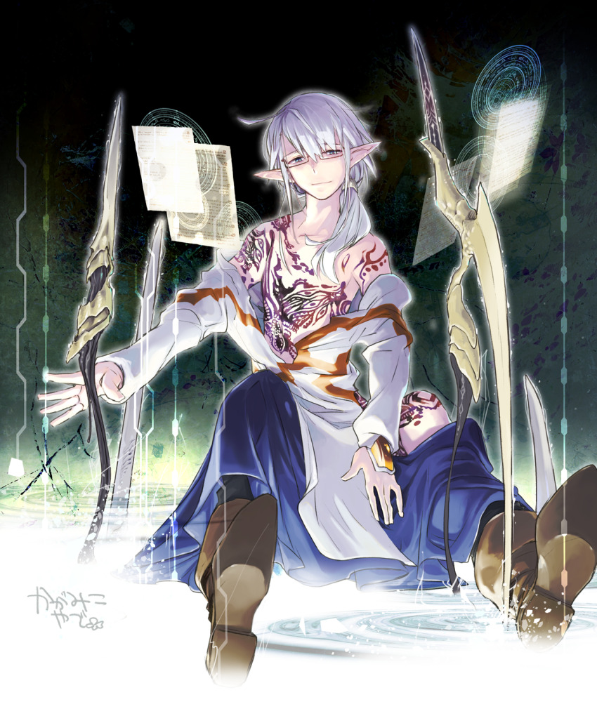 1boy, blue_eyes, blue_skirt, body_markings, brown_footwear, chest_tattoo, closed_mouth, elf