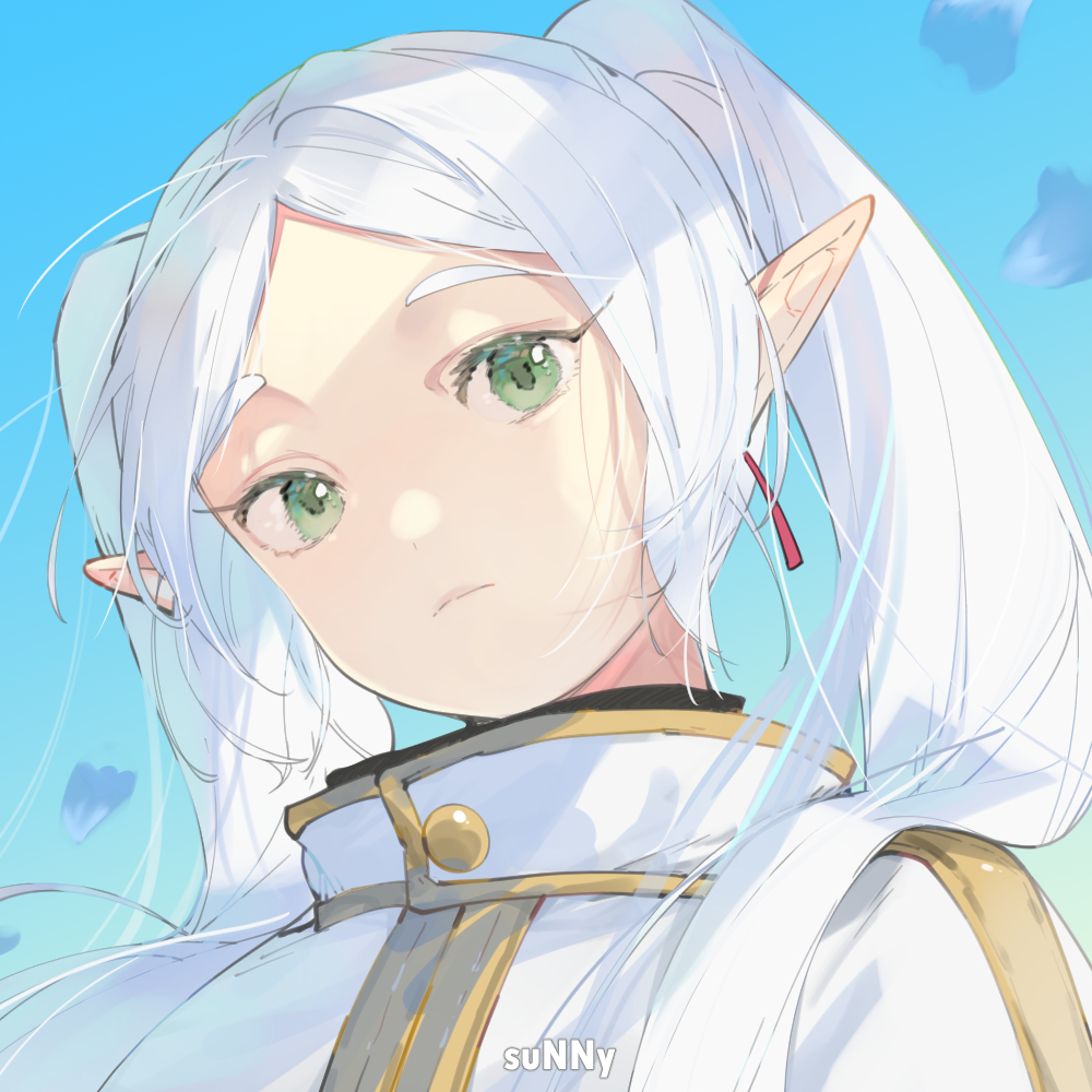 1girl, artist_name, blue_background, commentary_request, dongbu, earrings, falling_petals, floating_earrings