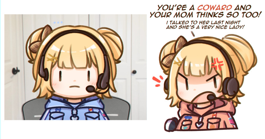 1girl, absurdres, anger_vein, astronaut, blonde_hair, chair, commentary, desk
