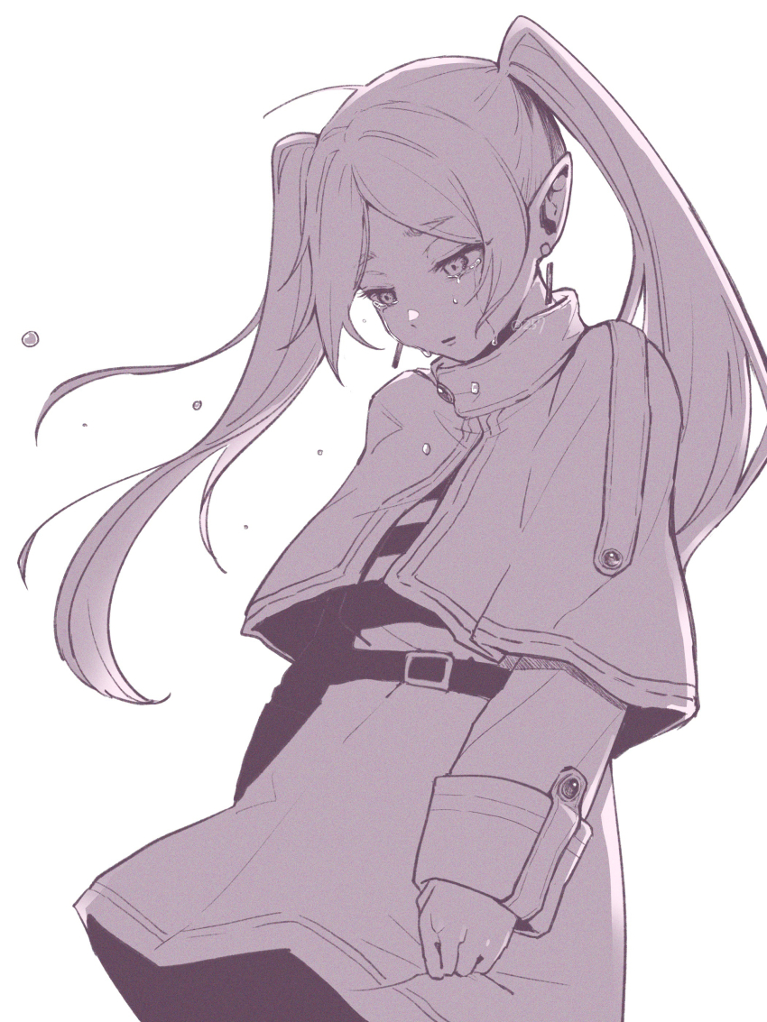 1girl, absurdres, belt, capelet, commentary, crying, crying_with_eyes_open, dress, earrings, floating_earrings, frieren, greyscale, gripping_clothes, highres, jewelry, monochrome, nisui57, parted_bangs, shirt, simple_background, solo, sousou_no_frieren, striped_clothes, striped_shirt, tears, twintails, white_background