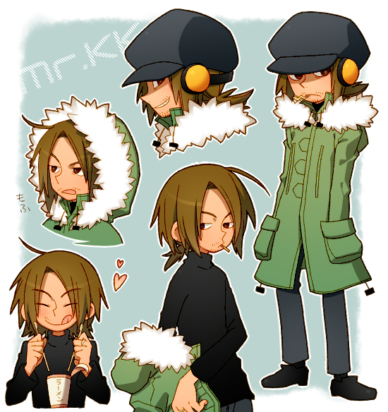 1boy, bemani, black_footwear, black_headwear, black_shirt, border, brown_hair, character_name