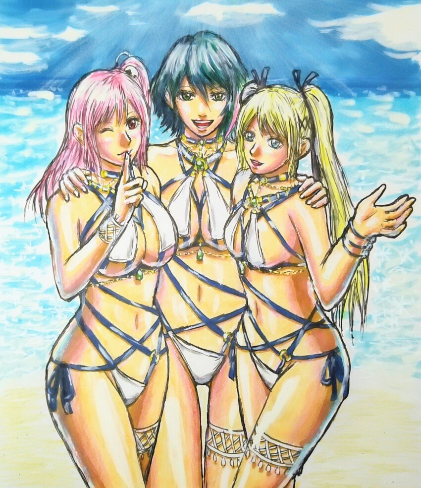 3girls, bikini, blonde_hair, breasts, dead_or_alive, highres, honoka_(doa), large_breasts, marie_rose, multiple_girls, pink_hair, swimsuit, takahane_(higher_feather), tamaki_(doa)