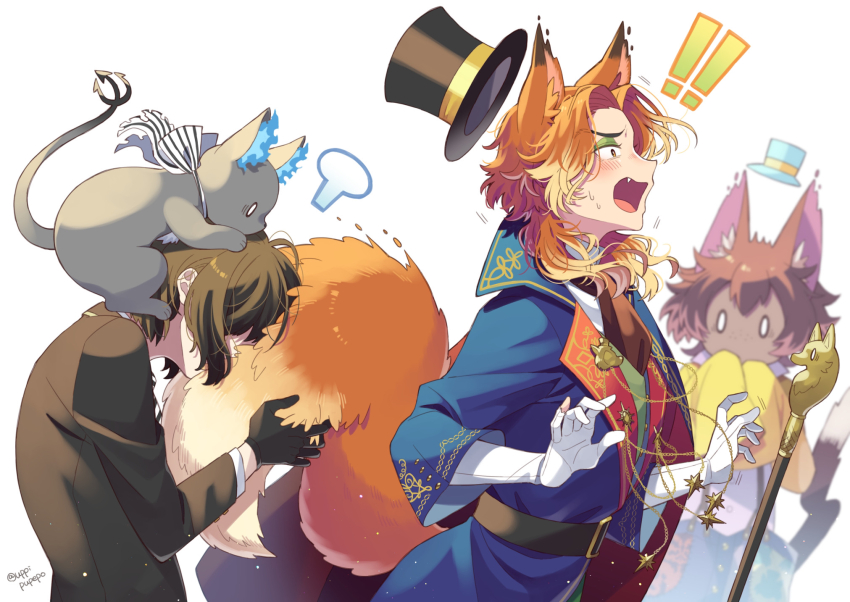 !, !!, 0_0, 1other, 3boys, animal_ears, arched_back, belt, black_gloves, blue_coat, brown_hair, cane, cape, cat, cat_ears, cat_tail, coat, covering_own_mouth, fellow_honest, fire, fox_ears, fox_tail, gidel_(twisted_wonderland), gloves, grim_(twisted_wonderland), hat, high-waist_belt, highres, long_hair, long_sleeves, multiple_boys, neck_ribbon, orange_hair, parted_bangs, ribbon, school_uniform, short_hair, surprised, sweatdrop, tail, tail_grab, top_hat, twisted_wonderland, uppi, visible_air, yuu_(twisted_wonderland)