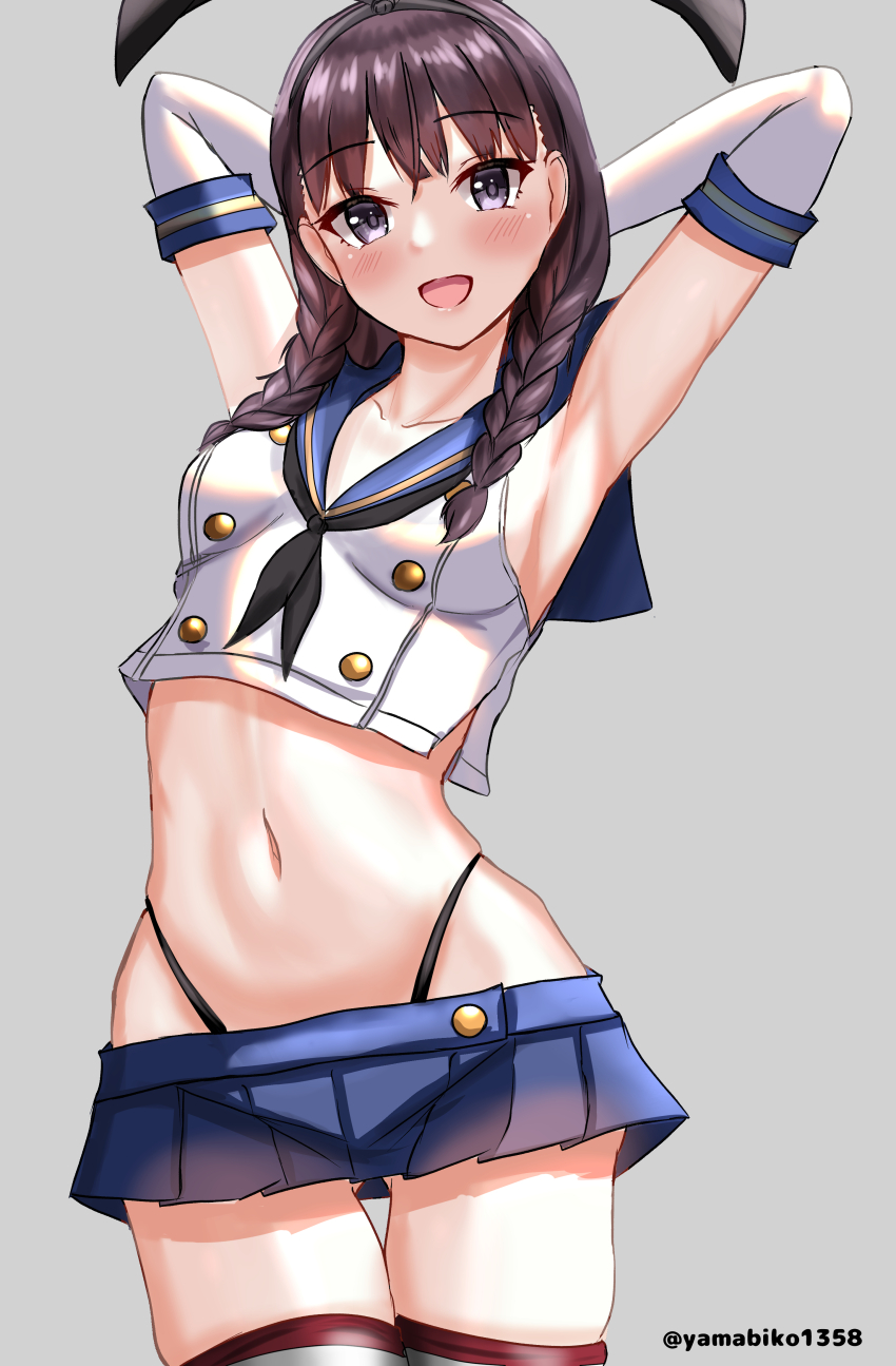 1girl, absurdres, arms_behind_head, black_hair, black_hairband, black_neckerchief, black_panties, blue_sailor_collar