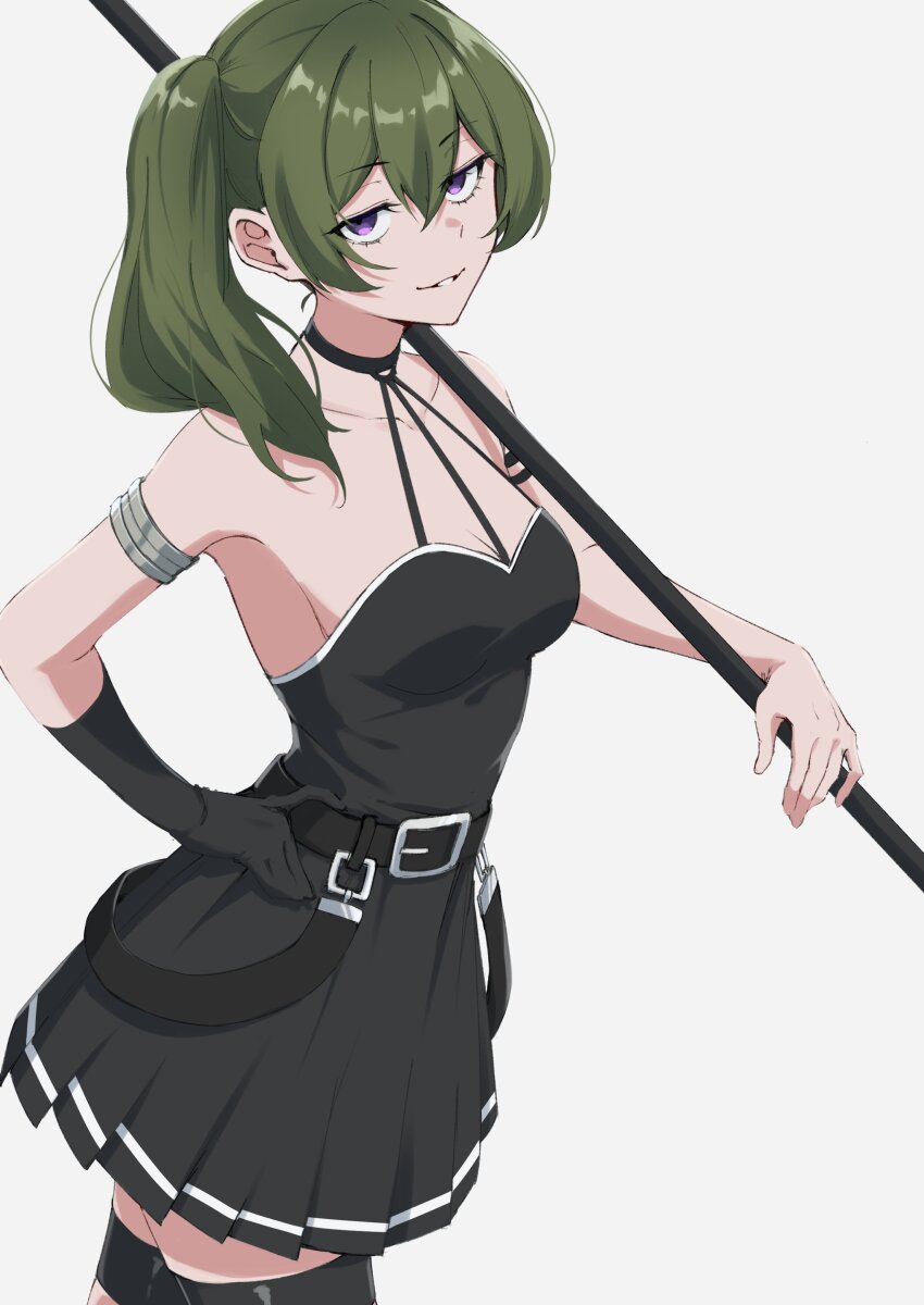 1girl, absurdres, armlet, bare_shoulders, belt, black_dress, black_gloves, breasts, choker, cleavage, danboru_(jdanboru1182), dress, gloves, green_hair, hair_between_eyes, highres, holding, jewelry, long_hair, looking_at_viewer, mage_staff, medium_breasts, purple_eyes, side_ponytail, simple_background, smile, solo, sousou_no_frieren, staff, suspenders_hanging, thigh_strap, ubel_(sousou_no_frieren), weapon_across_shoulders, white_background