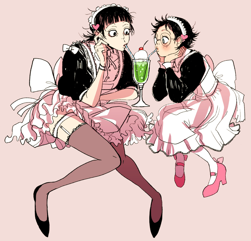 2boys, apron, black_dress, black_hair, blue_eyes, blunt_bangs, blush, bow, cream_soda, crossdressing, crossdressing_(mtf), dress, drinking, eclectic, frilled_dress, frills, garter_belt, glasses, heart, height_difference, high_heels, long_dress, long_hair, maid, maid_apron, maid_headdress, male_maid, midousuji_akira, multiple_boys, onoda_sakamichi, puffy_short_sleeves, puffy_sleeves, raised_eyebrows, sharing_food, short_dress, short_hair, short_sleeves, sitting, thighhighs, yaoi, yowamushi_pedal