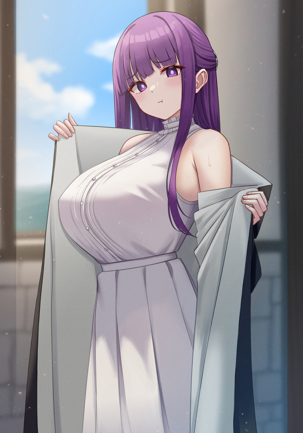 1girl, :t, blue_sky, blurry, blurry_background, blush, breasts, bright_pupils, closed_mouth, cloud, dress, fern_(sousou_no_frieren), half_updo, highres, huge_breasts, looking_at_viewer, mizikayo, outdoors, pleated_dress, pout, purple_eyes, purple_hair, raised_eyebrows, robe, sky, sleeveless, sleeveless_dress, solo, sousou_no_frieren, two-sided_robe, undressing, white_dress, white_pupils