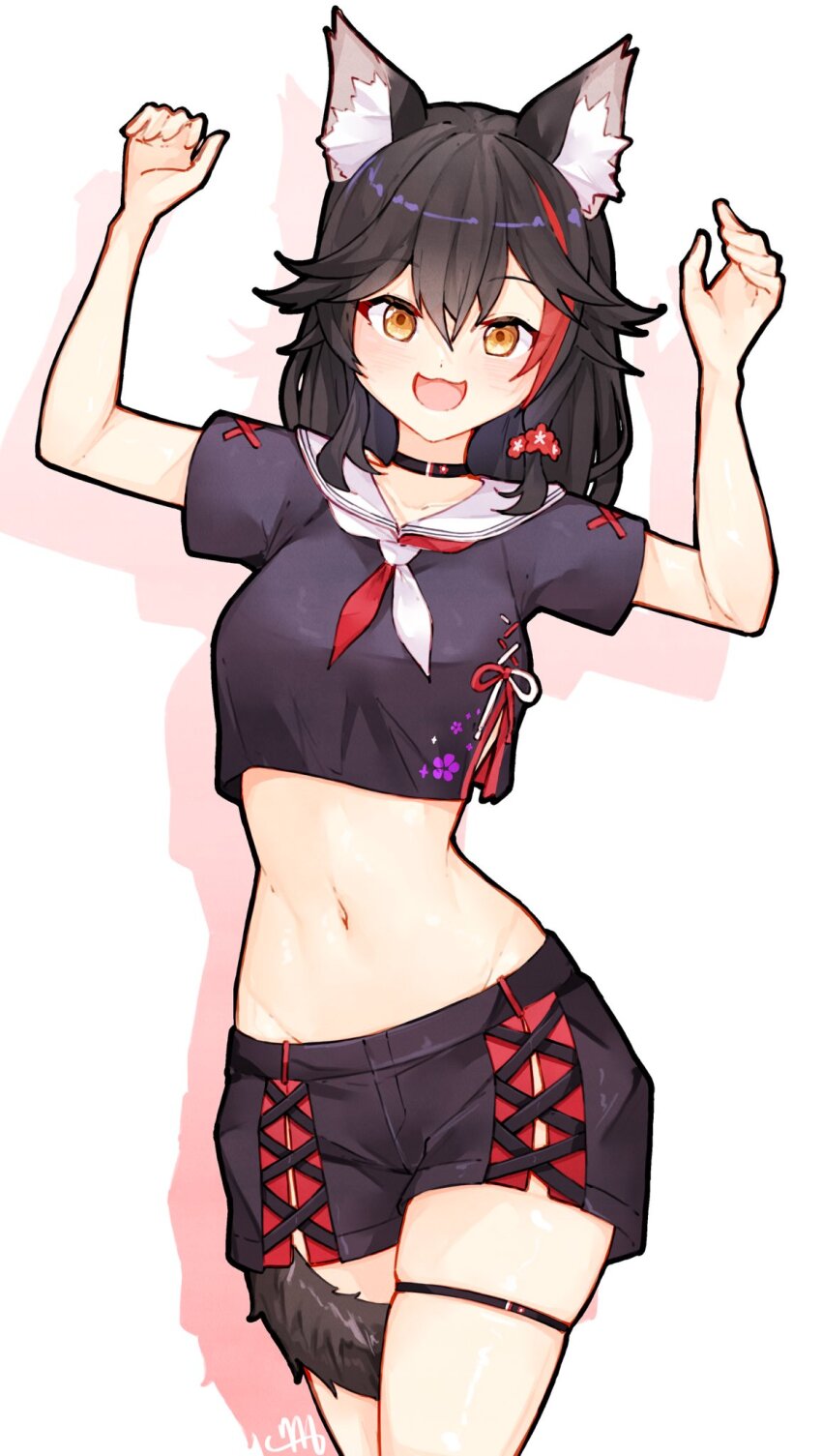 1girl, :3, animal_ear_fluff, animal_ears, black_shirt, black_shorts, commentary, cropped_shirt