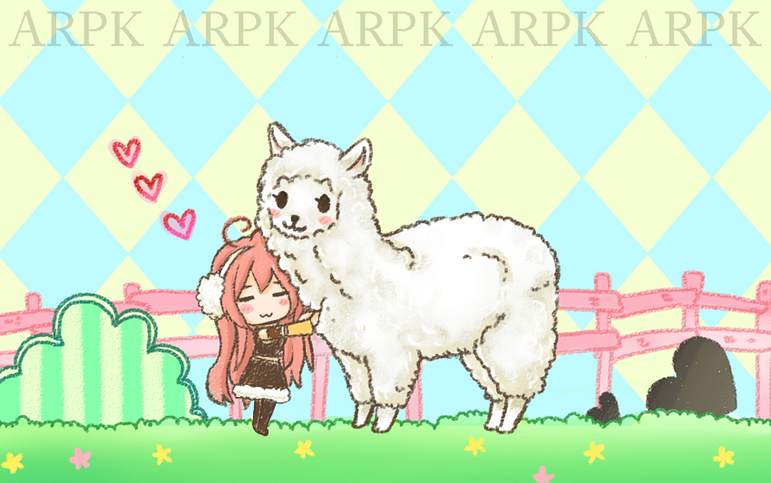 1girl, :3, alpaca, animal, blush, chibi, closed_eyes, earmuffs