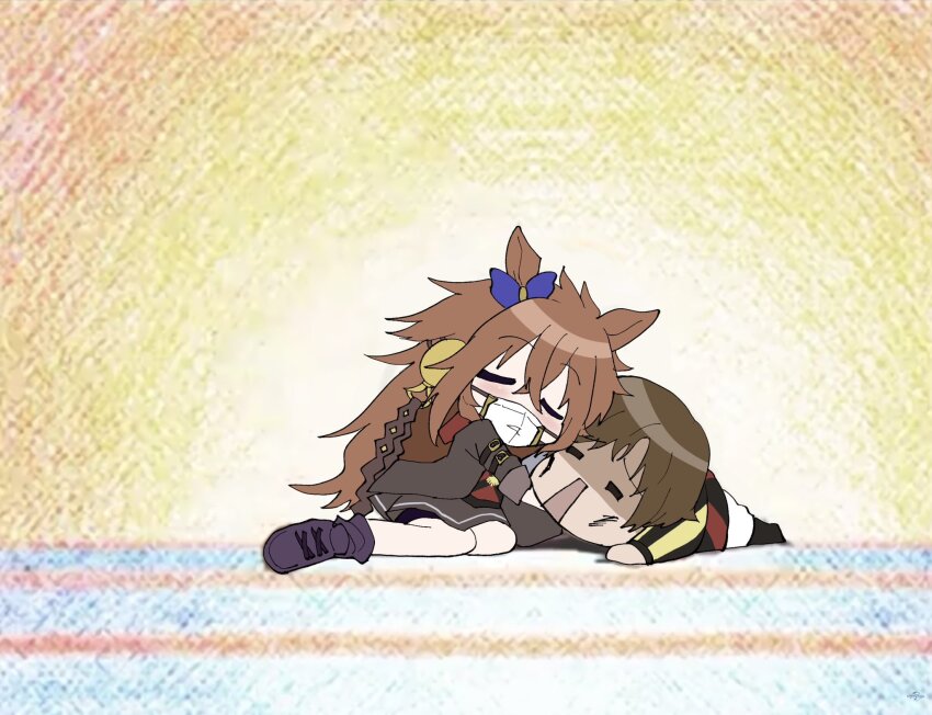 1boy, 1girl, =_=, animal_ears, blue_bow, bow, brown_hair, ear_bow