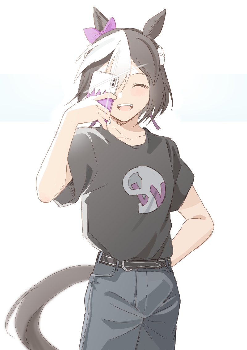 1girl, ^_^, alternate_costume, animal_ears, arm_behind_back, black_hair, black_shirt, cellphone