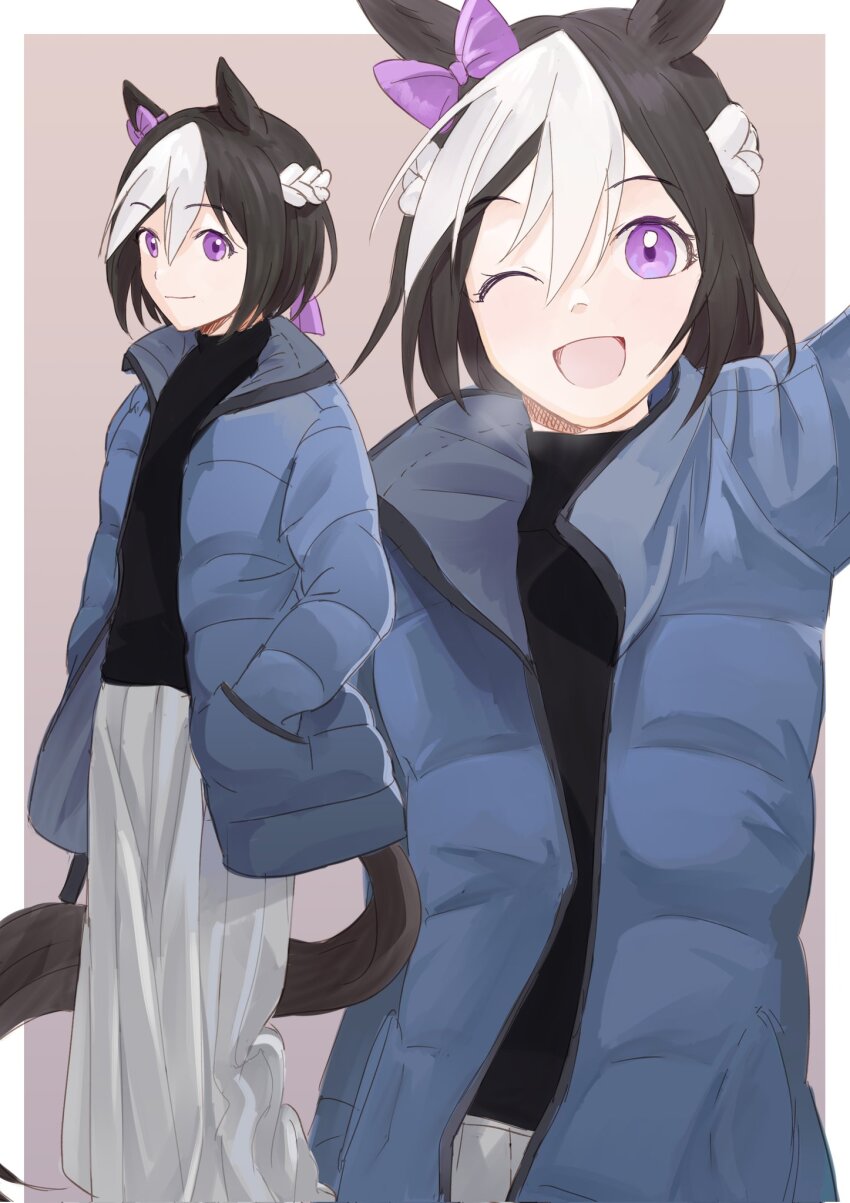 1girl, ;d, alternate_costume, animal_ears, black_sweater, blue_jacket, border, bow